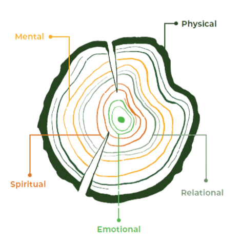 Leader health wheel, five dimensions: Physical, Mental, Emotional, Relational, Spiritual